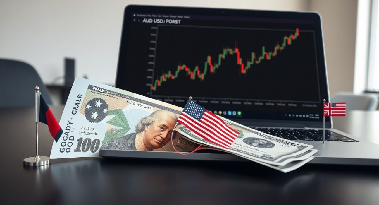 AUD/USD price forecast chart with Australian and US flags on desk, representing forex trading analysis ahead of CPI data