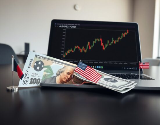 AUD/USD price forecast chart with Australian and US flags on desk, representing forex trading analysis ahead of CPI data