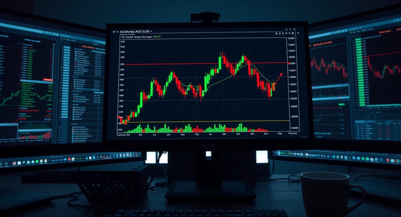 AUD/USD chart showing descending wedge pattern on a trading monitor