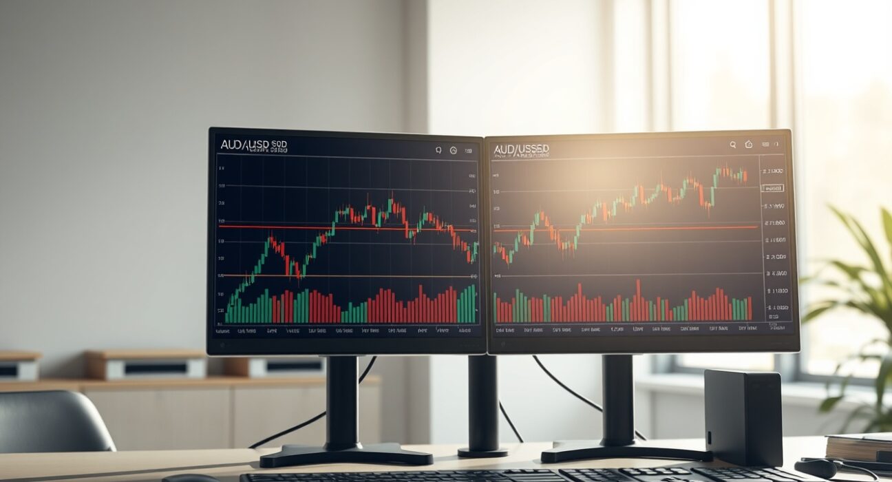 AUD/USD currency pair chart analysis showing price action near the 20-day EMA indicator on trading