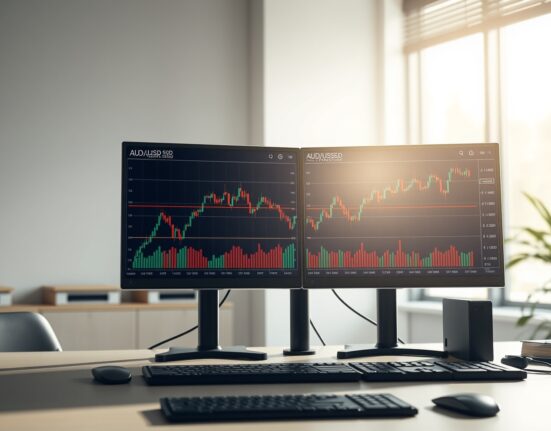 AUD/USD currency pair chart analysis showing price action near the 20-day EMA indicator on trading