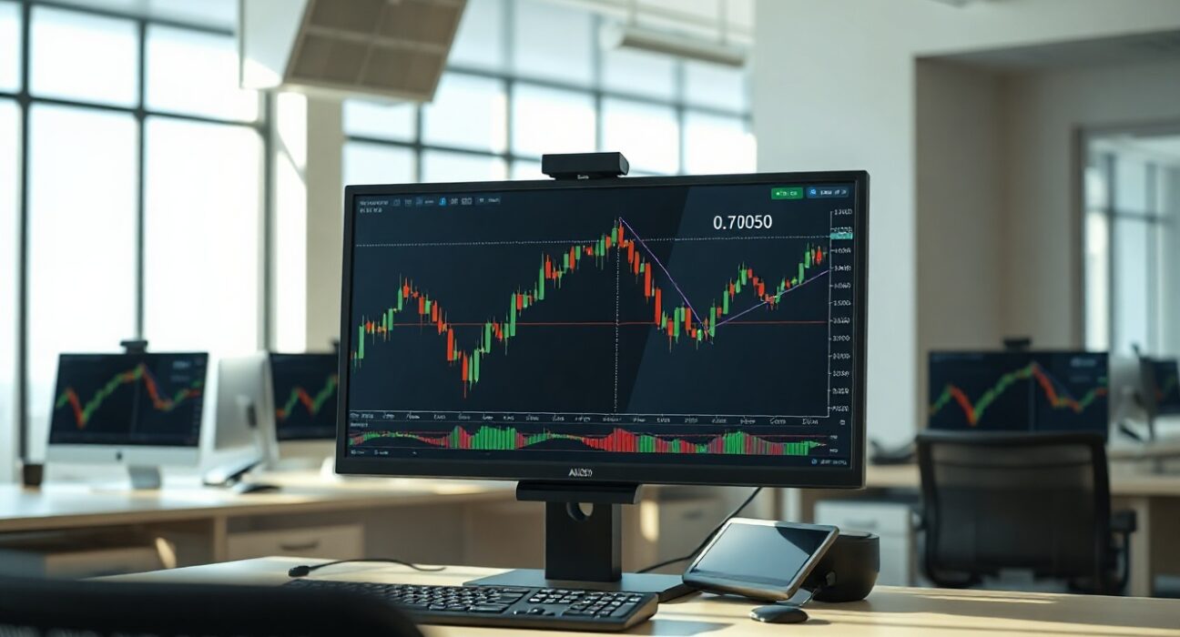 Forex trading monitor showing AUD/USD chart with Fibonacci retracement at 0.7050