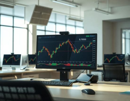 Forex trading monitor showing AUD/USD chart with Fibonacci retracement at 0.7050