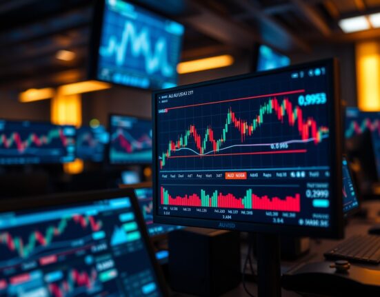 AUD/USD candlestick chart on trading monitor with Fibonacci retracement levels
