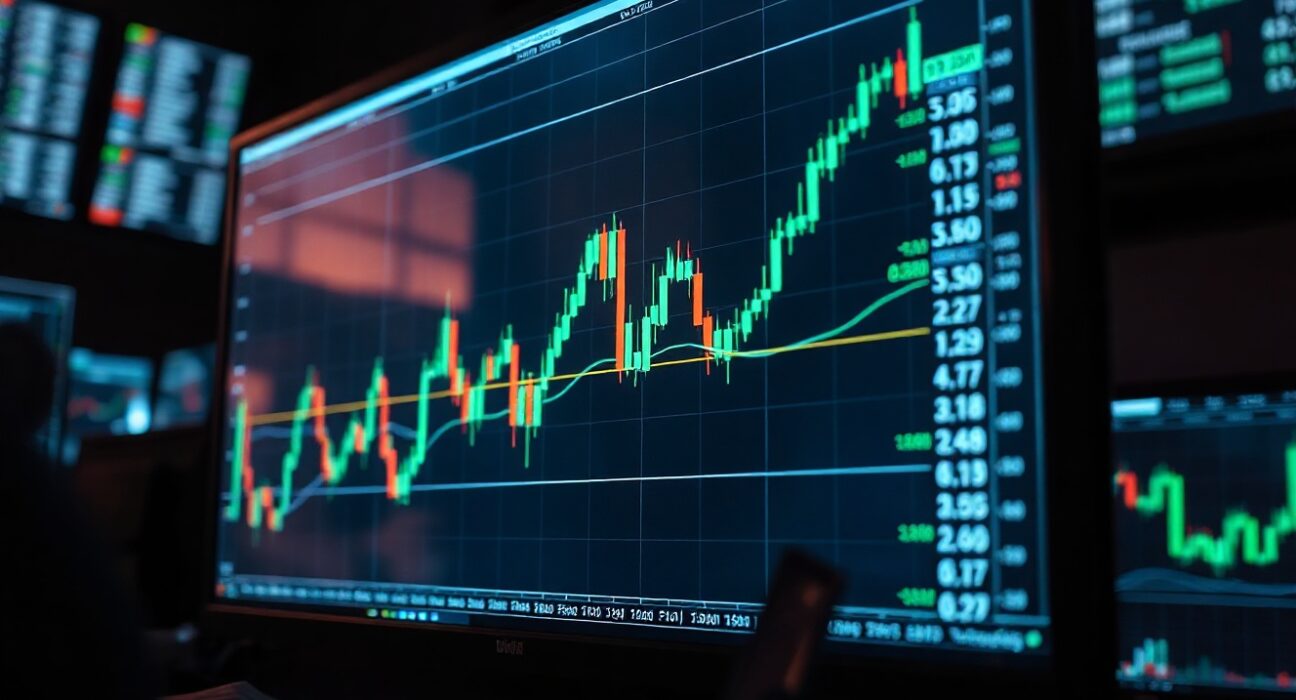 Forex trading chart showing AUD/USD price action with 0.6900 support level highlighted on a monitor in a trading office.