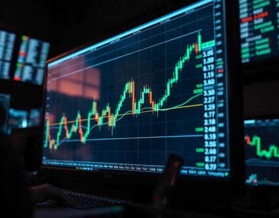 Forex trading chart showing AUD/USD price action with 0.6900 support level highlighted on a monitor in a trading office.