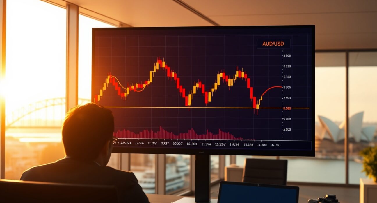 AUD/USD candlestick chart showing price near monthly low on a trading desk screen in Sydney