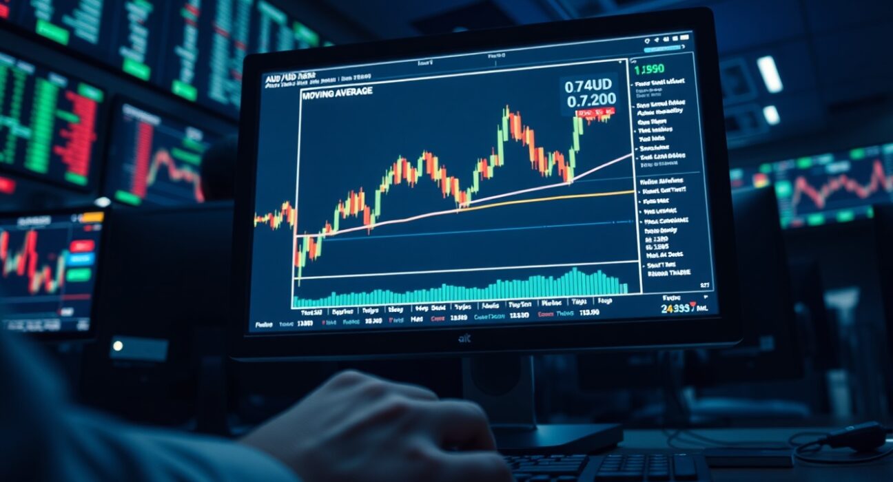 Forex trading monitor showing AUD/USD chart with price near 0.7200 support level and nine-day EMA line.