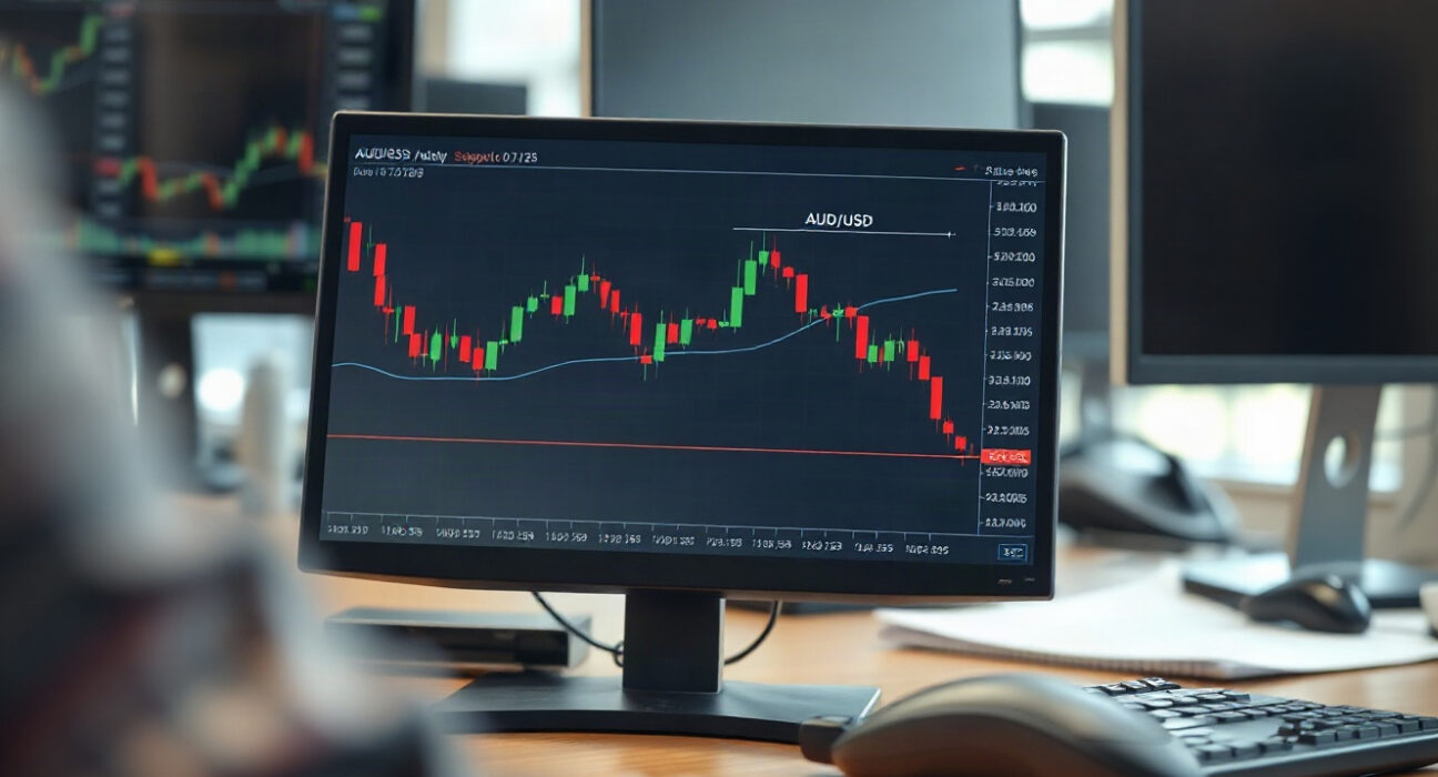 AUD/USD price chart on trading screen showing slide to one-week low near 0.7125 support