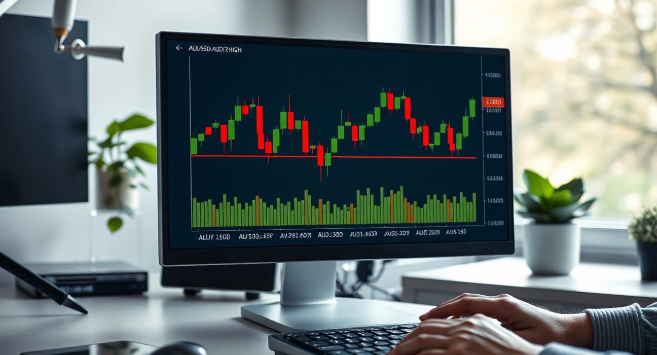 AUD/USD price chart showing pullback from June high near 0.7065 on a computer monitor in a professional trading environment.