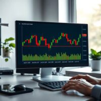 AUD/USD price chart showing pullback from June high near 0.7065 on a computer monitor in a professional trading environment.