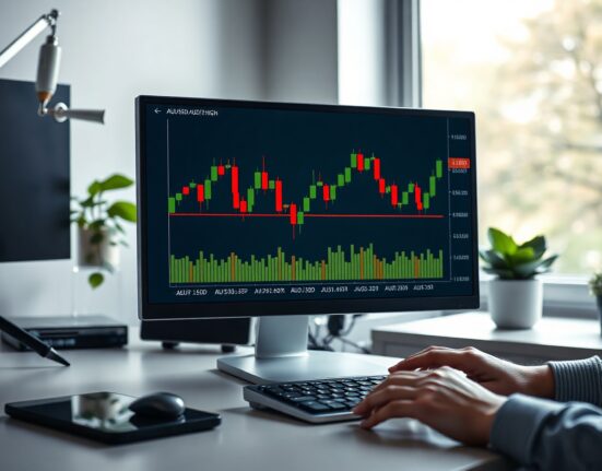 AUD/USD price chart showing pullback from June high near 0.7065 on a computer monitor in a professional trading environment.