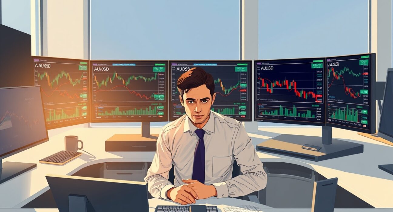 Financial analyst monitoring AUD/USD forex charts during market volatility.
