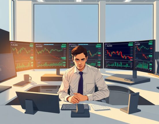 Financial analyst monitoring AUD/USD forex charts during market volatility.