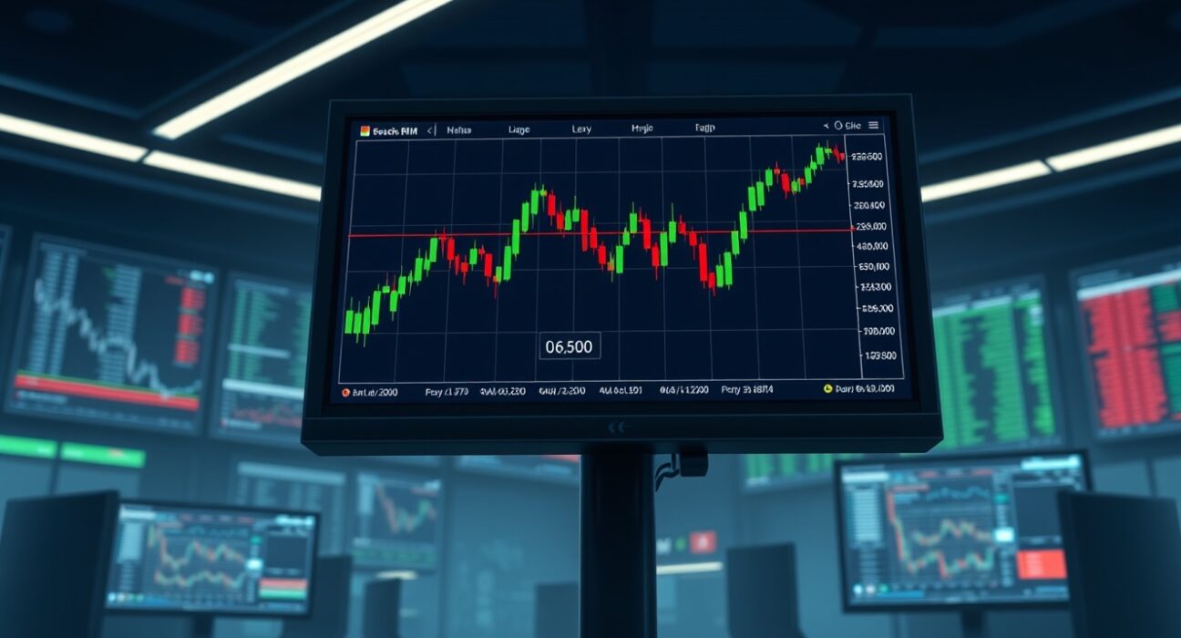Forex trading monitor showing AUD/USD candlestick chart near the 0.6900 support level