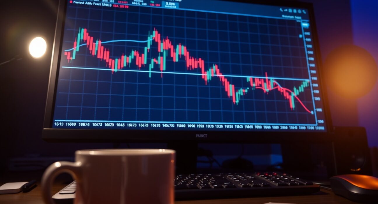 AUD/USD forex chart showing candlestick patterns and bearish RSI signal on trading monitor