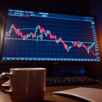 AUD/USD forex chart showing candlestick patterns and bearish RSI signal on trading monitor