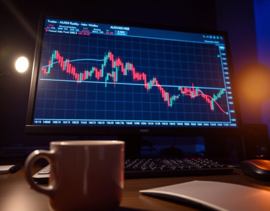 AUD/USD forex chart showing candlestick patterns and bearish RSI signal on trading monitor