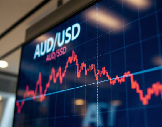 AUD/USD currency chart showing downward trend on a trading screen