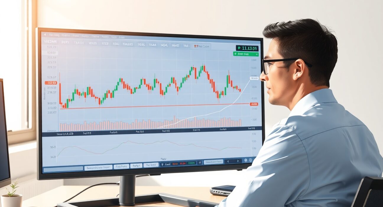 Financial analyst reviewing AUD/USD forex chart data for market forecast and risk assessment.