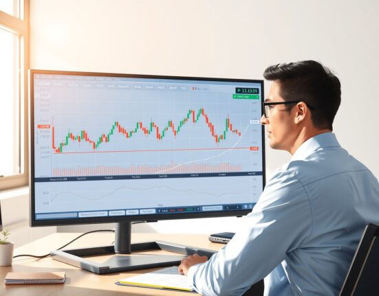 Financial analyst reviewing AUD/USD forex chart data for market forecast and risk assessment.