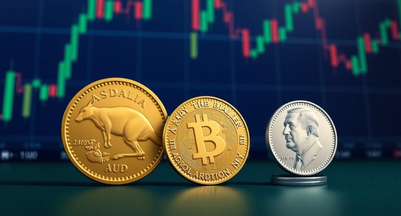 AUD/USD rallies as Australian dollar coin stands strong against falling US dollar coin on a trading desk, representing currency market strength.