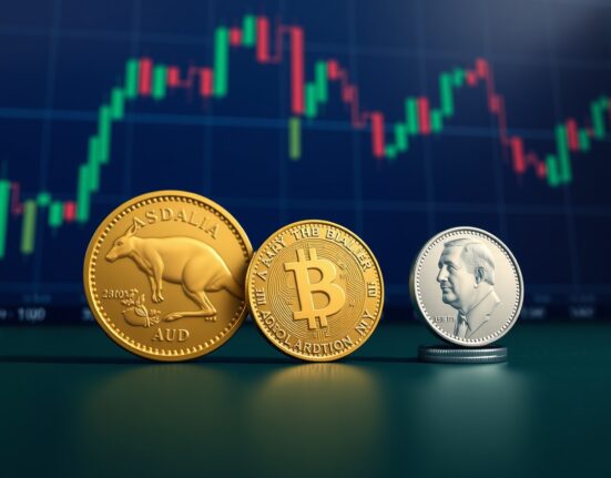 AUD/USD rallies as Australian dollar coin stands strong against falling US dollar coin on a trading desk, representing currency market strength.