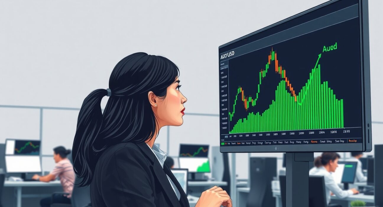 Trader analyzes AUD/USD rally on screen after Hormuz Strait reopening eases oil market fears.