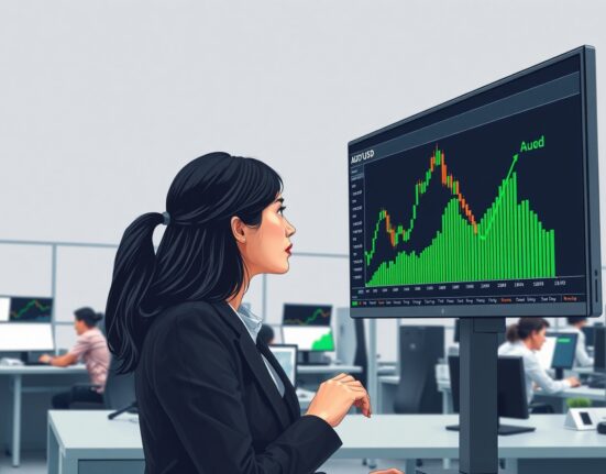 Trader analyzes AUD/USD rally on screen after Hormuz Strait reopening eases oil market fears.