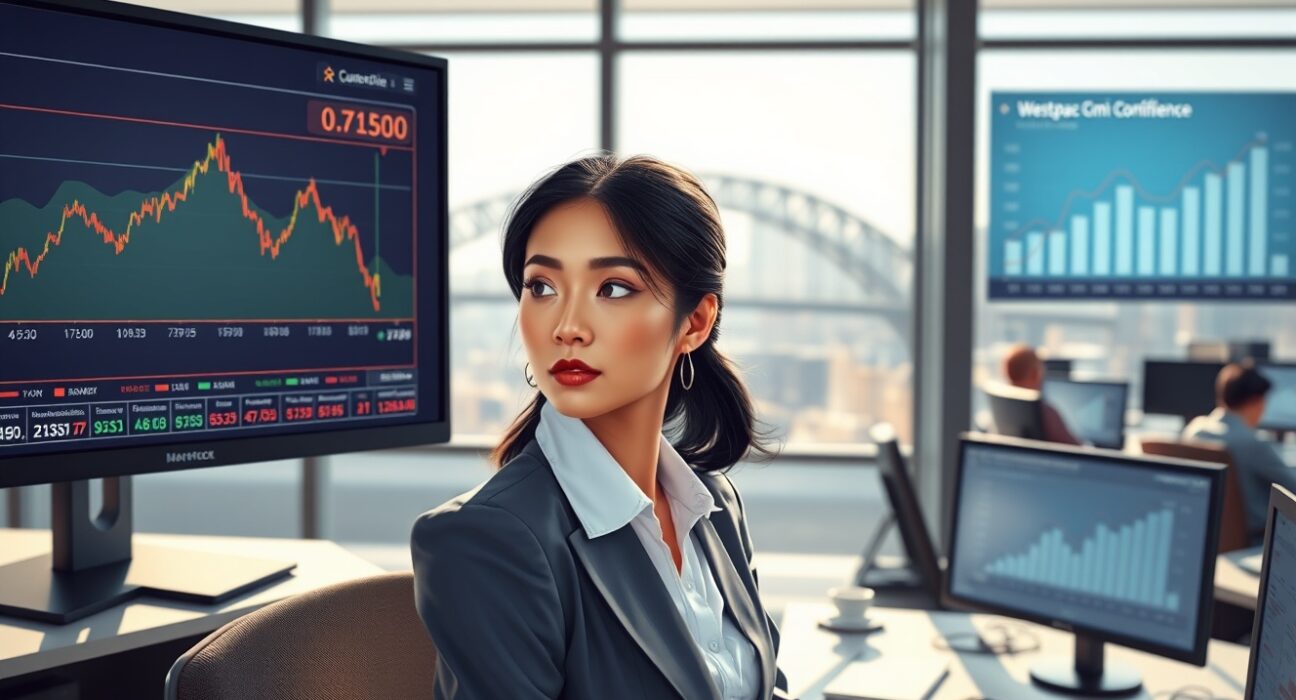 Trader analyzes AUD/USD forex chart stalling at 0.7150 alongside falling consumer confidence data in Sydney.