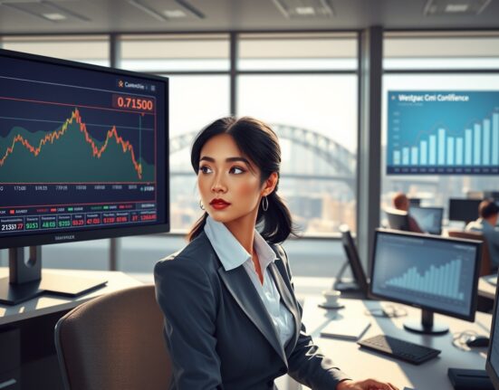 Trader analyzes AUD/USD forex chart stalling at 0.7150 alongside falling consumer confidence data in Sydney.