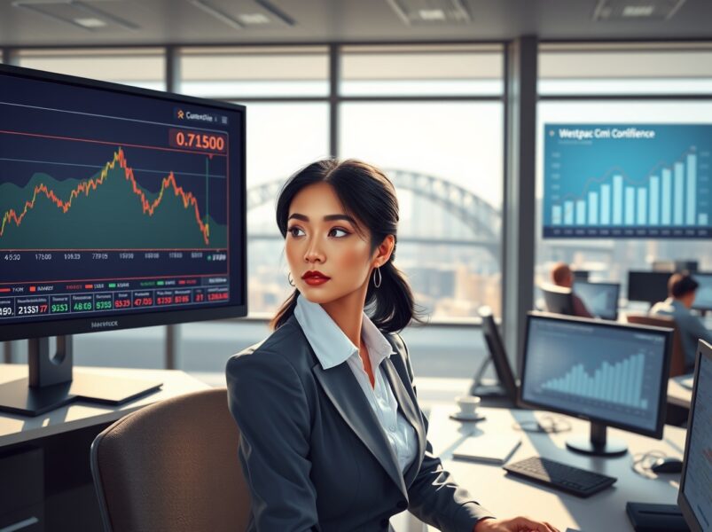 Trader analyzes AUD/USD forex chart stalling at 0.7150 alongside falling consumer confidence data in Sydney.