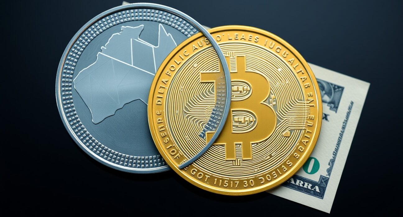 Australian dollar coin and US dollar bill on a reflective surface representing AUD/USD forex pair.