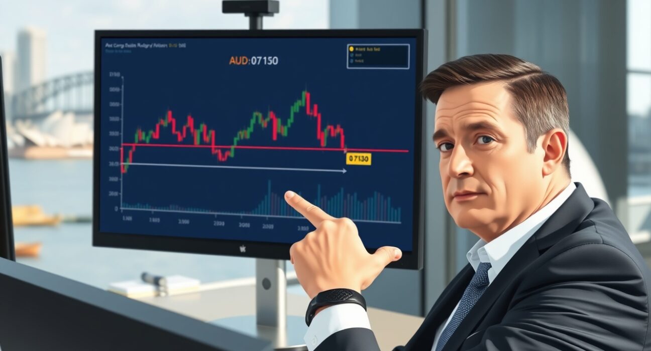 AUD/USD range trading near 0.7130 with trader analyzing chart in Sydney office