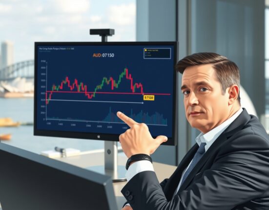 AUD/USD range trading near 0.7130 with trader analyzing chart in Sydney office