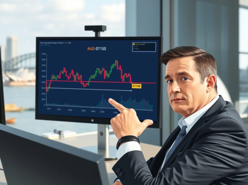 AUD/USD range trading near 0.7130 with trader analyzing chart in Sydney office