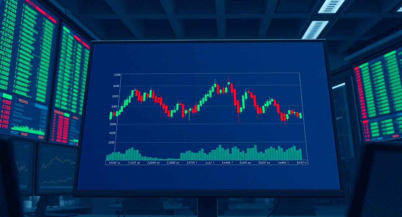 AUD/USD range trading chart on a trading desk screen showing sideways movement, reflecting UOB analysis.
