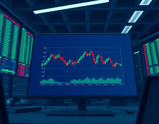 AUD/USD range trading chart on a trading desk screen showing sideways movement, reflecting UOB analysis.
