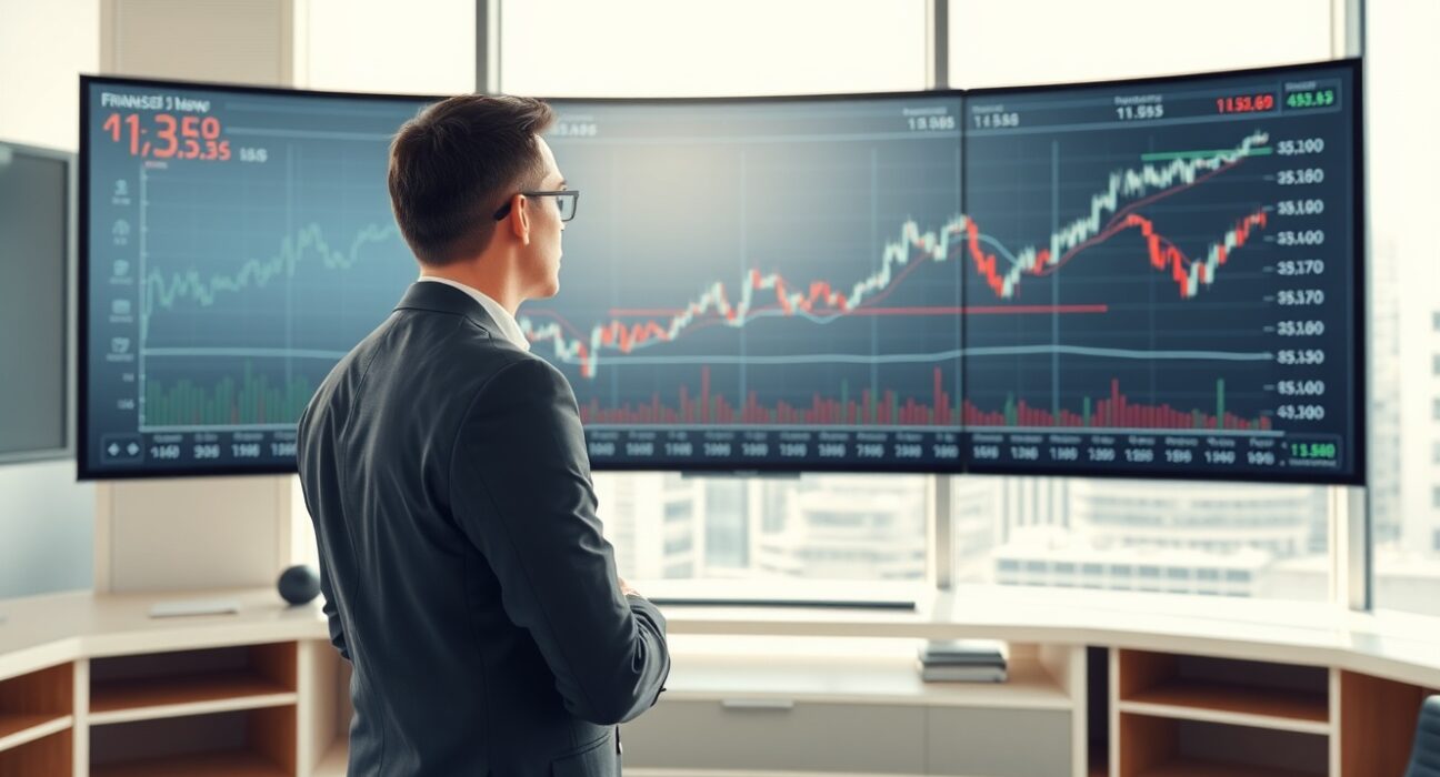 Financial analyst examining AUD/USD currency charts showing gains supported by RBA hawkish policy
