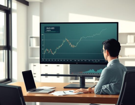 Financial analyst reviewing AUD/USD chart analysis showing resilience from RBA policy.