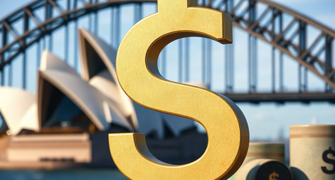Australian dollar banknotes with Sydney Opera House in background, symbolizing AUD strength and RBA policy