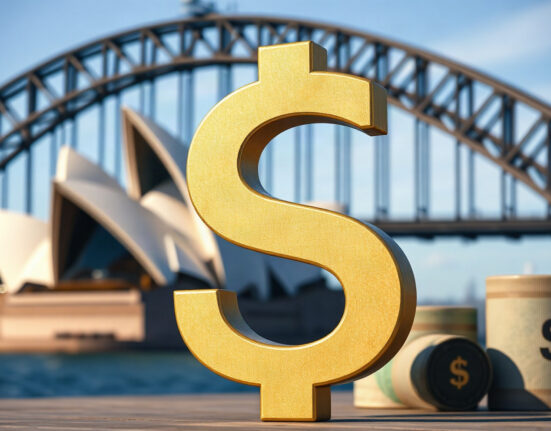 Australian dollar banknotes with Sydney Opera House in background, symbolizing AUD strength and RBA policy