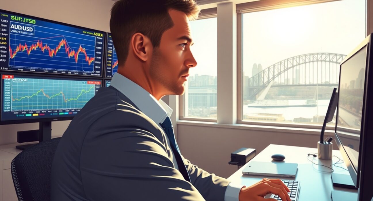 Forex trader analyzing AUD/USD charts with RBA interest rate data in Sydney trading environment.