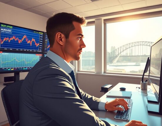Forex trader analyzing AUD/USD charts with RBA interest rate data in Sydney trading environment.