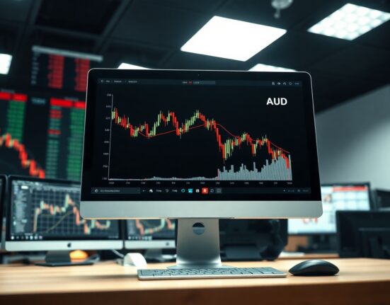 AUD/USD chart with downward trend on trading screen, reflecting RBA hold and Commerzbank's bearish outlook.