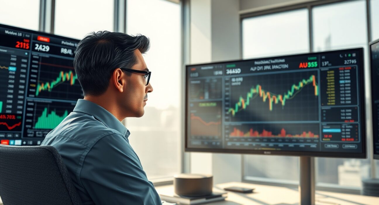 Forex trader analyzing AUD/USD currency pair charts and RBA policy data on financial screens
