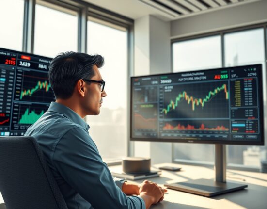 Forex trader analyzing AUD/USD currency pair charts and RBA policy data on financial screens