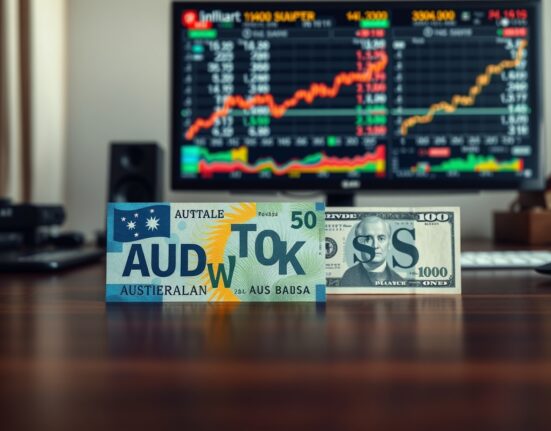 AUD/USD forex chart showing the pair holding steady near recent highs ahead of an expected RBA rate hike decision.