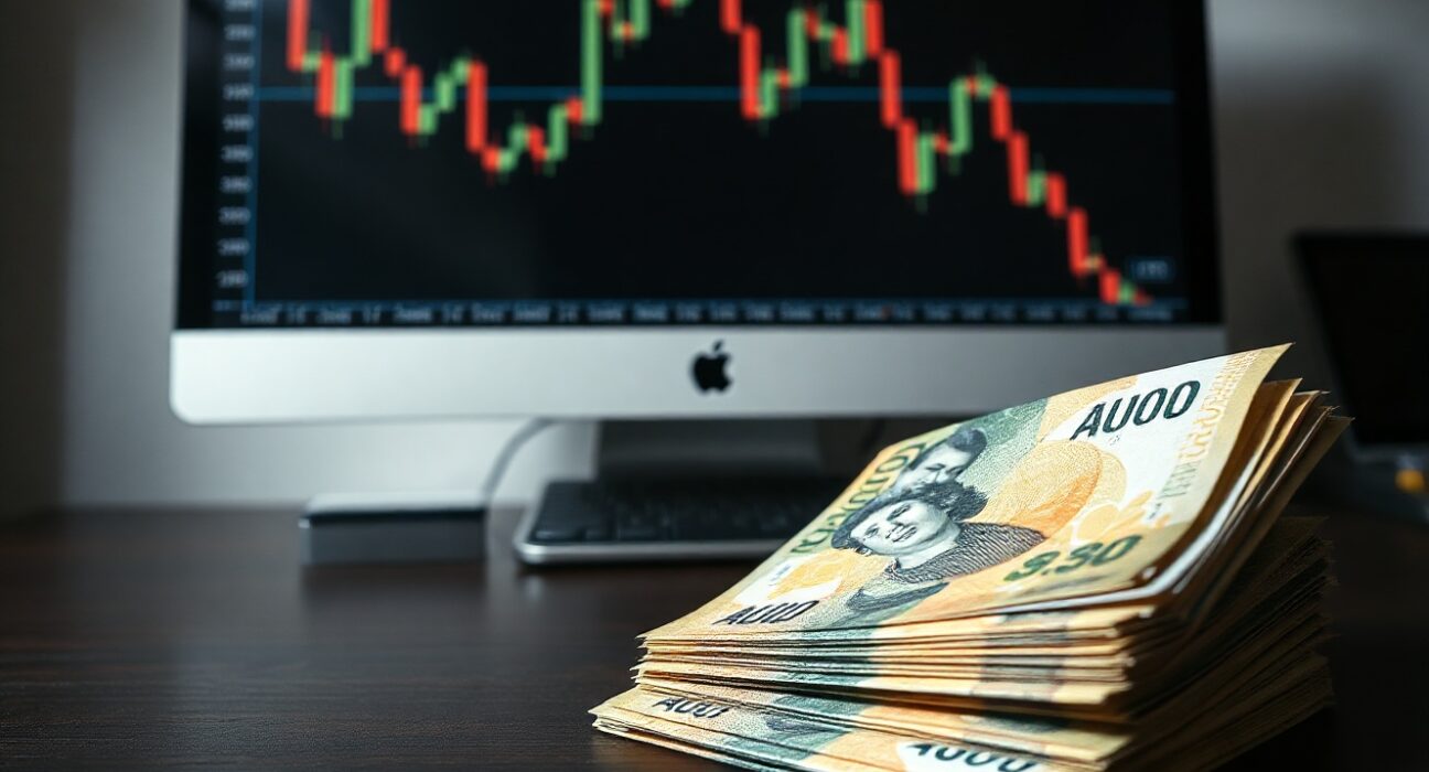 Australian dollar banknotes and declining AUD/USD chart reflecting RBA rate pause impact