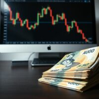 Australian dollar banknotes and declining AUD/USD chart reflecting RBA rate pause impact